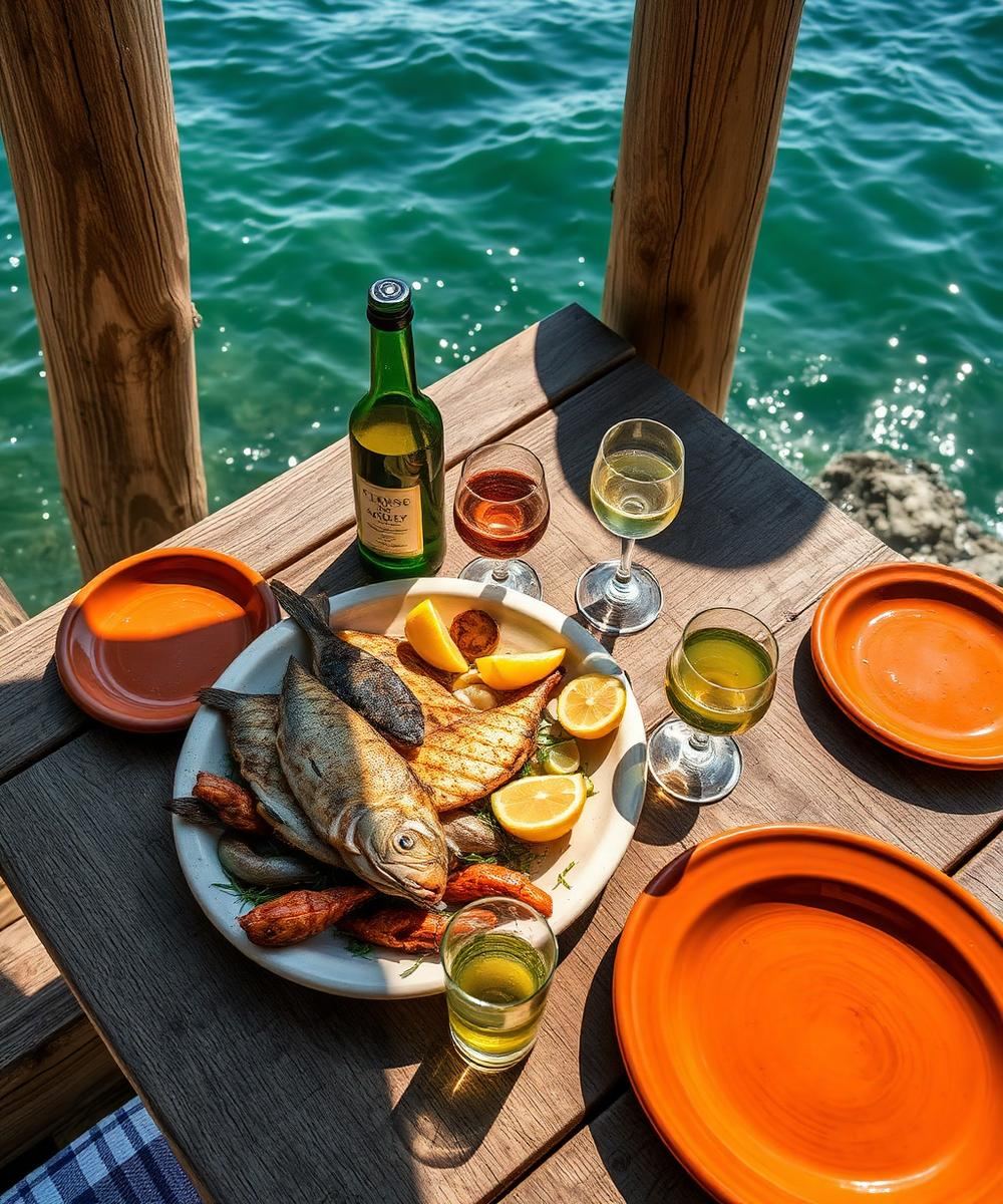 Table of Portuguese food and wine