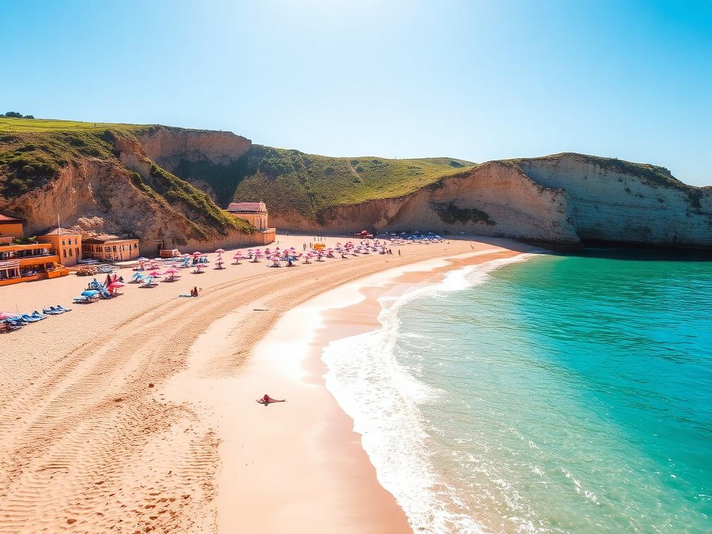 Turquoise water and golden cliffs at one of the best beaches in the Algarve, Portugal