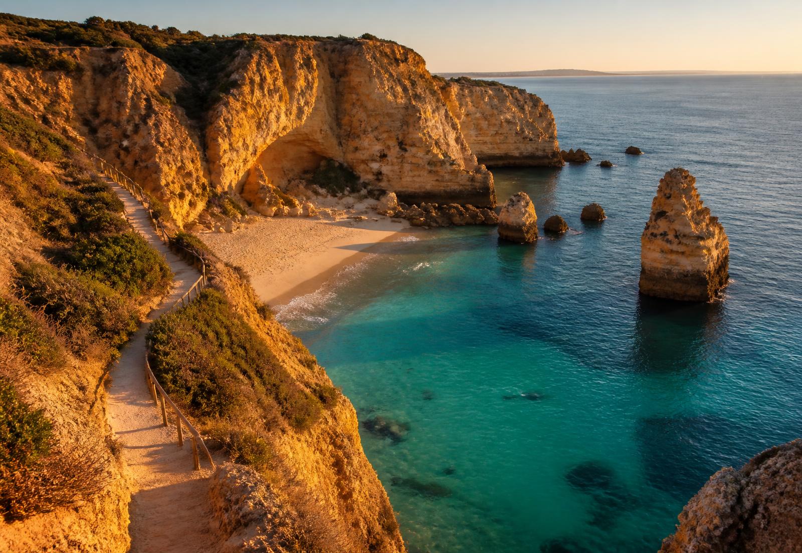 Golden hour over a hidden cove on the Portuguese coast
