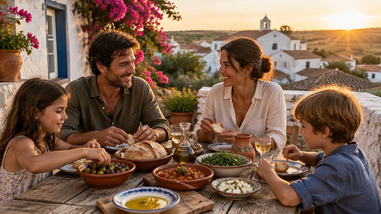 Een gezin dat samen eet op een terras in een Portugees dorp